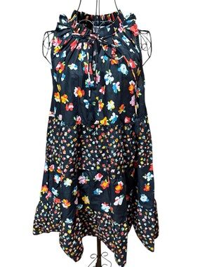 Mud Pie 100% Cotton Boho Ruffle Black Halter Dress Multicolor Floral Dots Small
